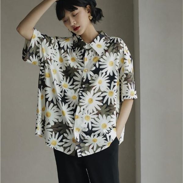 

Women's Blouses & Shirts CHEERART Daisy Top Summer Blouse Women Short Sleeve Button Up Loose Collared Casual Floral Fashion KDG3, White