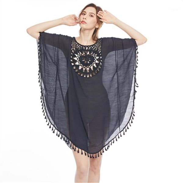 

tassel beach cover ups for women corchet flower bikini up sarong black swimsuit cover-up blouse white robe femme ete 2021 women's swimw, White;black
