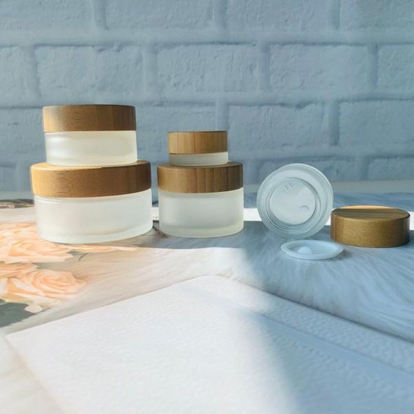 

storage bottles & jars empty cream container jar 5g 15g 30g 50g 100g frosted clear glass with bamboo lid custom logo skin care
