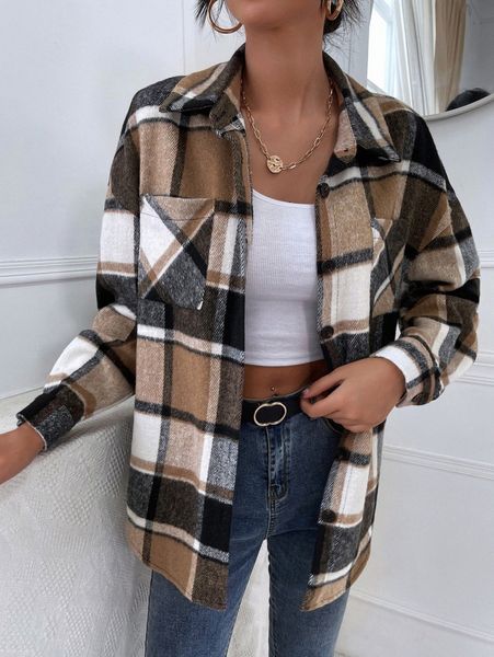 

plaid dual pockets drop shoulder overcoat t0k9#, Black