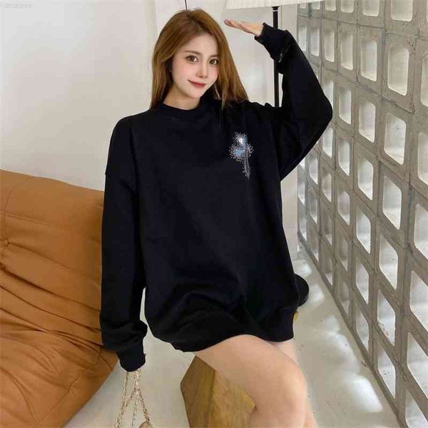 

autumn and winter new ch sanskrit alphabet printed cross round neck tide br sweater oversized men's women's coat, Black