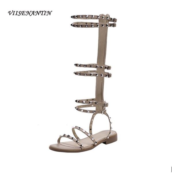 

sandals cowhide rivet strap back zipper high tube roman female summer style buckle belt flat open toe long, Black