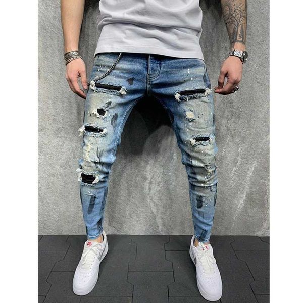 

men ripped paint jeans men's sweatpants hole pants casual male skinny trousers slim biker outwears pants s-3xl x0621, Blue