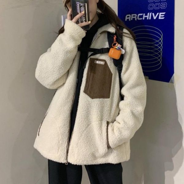 

women's hoodies & sweatshirts lamb wool coat small loose thickened warm cotton clothes middle and long sleeved in winter, Black