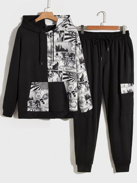 

men cartoon graphic kangaroo pocket sweatshirt & sweatpants set z341#, Gray