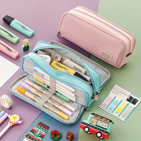

pencil bags 3 layers bag pen case special macaron color dual side canvas storage pouch stationery supplies school travel gift f899