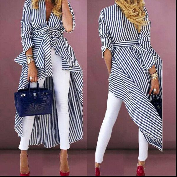 

long sleeve striped tied women shirts front and party streetwear lady, White