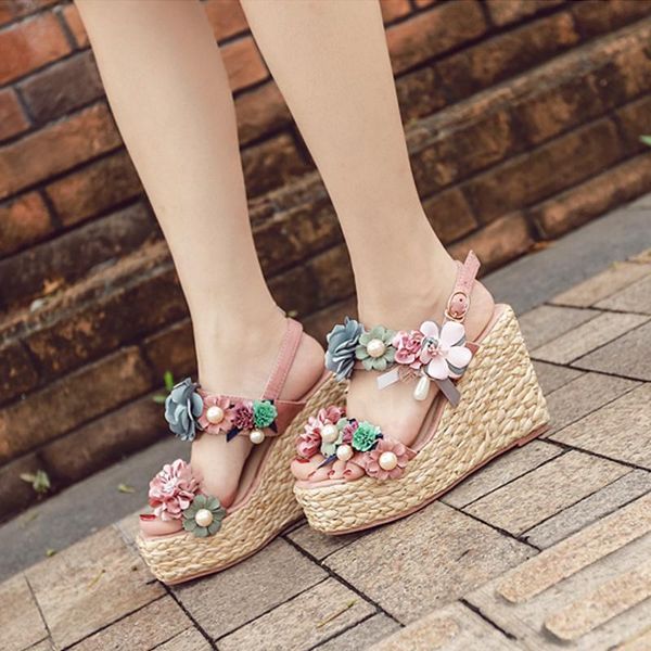 

rural style knitted high heel sandals, thick sole muffin heels, comfortable flower shoes, pearl sweet toe shoes dress, Black