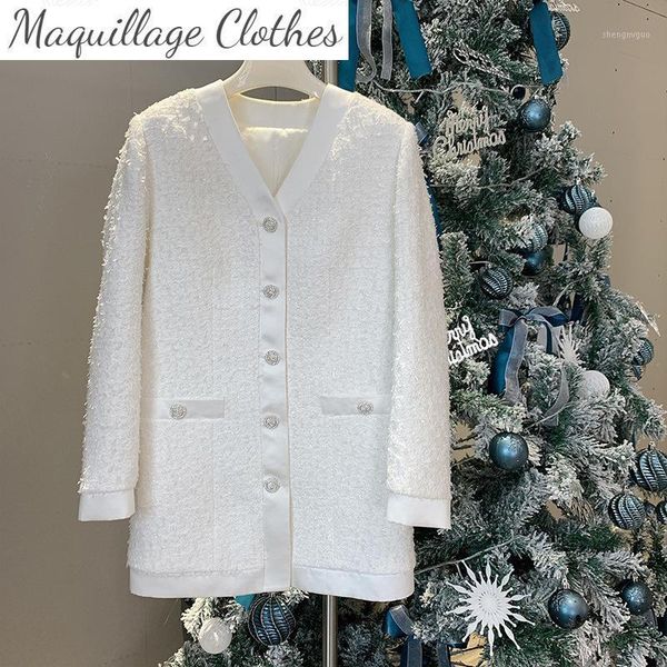 

spring 2021 france style women's v-neck tweed coat elegant white vintage jackets c108 wool & blends, Black