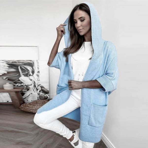 

women's knits & tees hooded loose knitting cardigan sweater double pocket design open stitch casual sweters long sleeve autumn, White