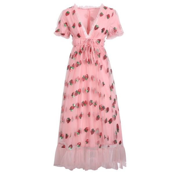 

2021female summer new 2021 v-neck belt stberry stamping short sleeve party mid-length dress net yarn summer new, Black;gray