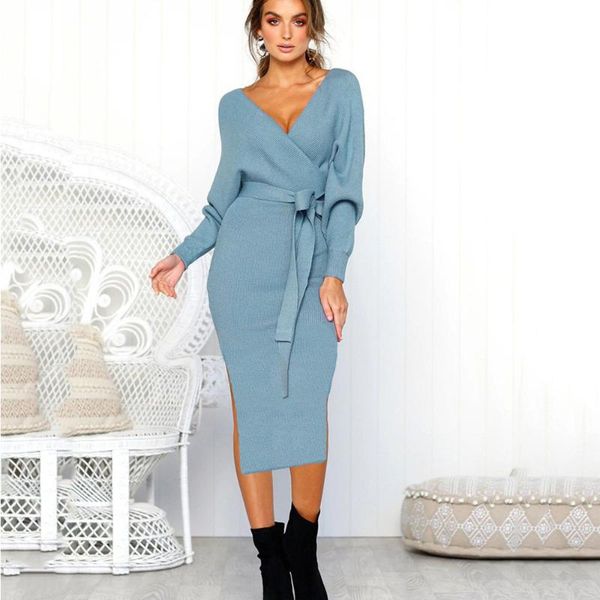 

casual dresses women's autumn and winter deep v neck fashion mid-waist lace-up ladies long sleeved bag hip solid color dress 2021, Black;gray