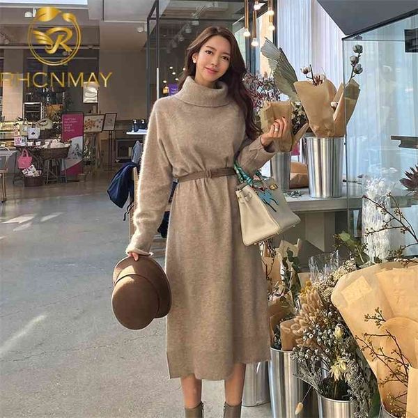 

elegant turtleneck knitted dress women autumn loose female sweater winter high waist belt split 210520, Black;gray