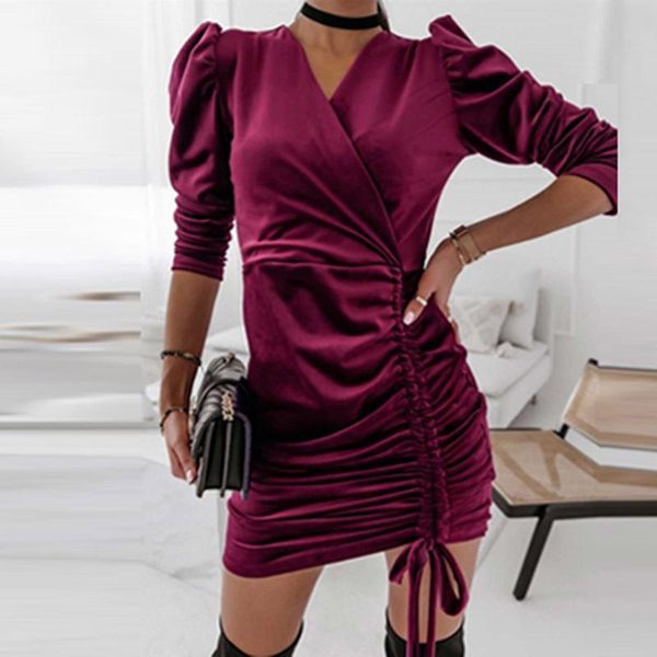 

casual dresses elegant women solid wrap v neck velvet party dress 2021 autumn fashion drawstring slim bodycon ladies commute, Black;gray