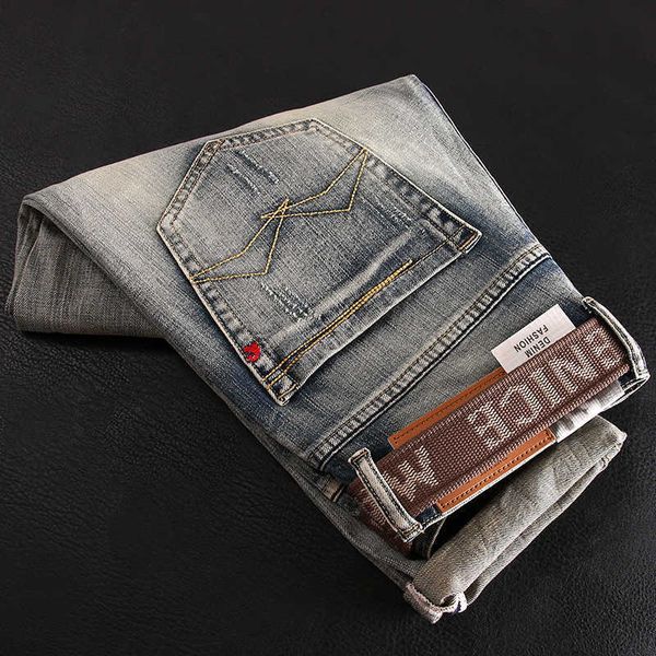 

italian style fashion men jeans retro distred elastic slim ripped vintage designer casual denim pants, Blue