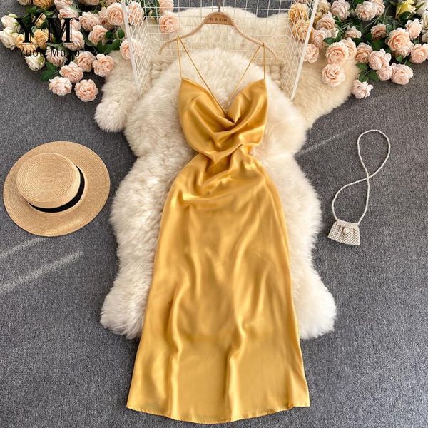 

casual dresses yuoomuoo good quality women dress fashion cowl neck backless spaghetti strap long soft smooth satin party, Black;gray