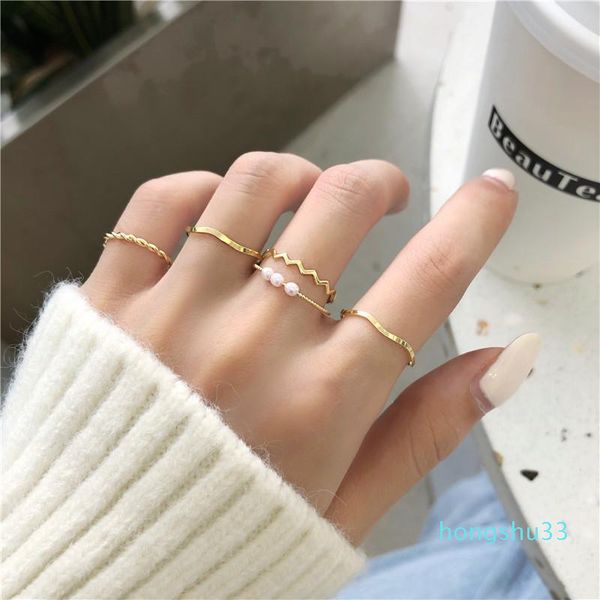 

cluster rings metal 5 piece combination ring fashion hip-hop geometry copper round pearl index finger female wedding jewelry accessories, Golden;silver