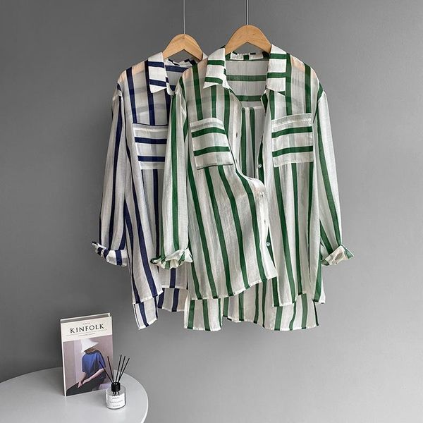 

women's blouses & shirts vertical stripe sunscreen shirt women long sleeve pocket boyfriend oversized green blue patchwork casual thin, White