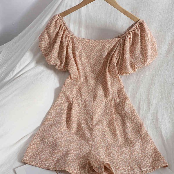 

summer vinatge bodysuit women rompers retro print floral one-shoulder short jumpsuit female printed puff sleeve 210420, Black;white