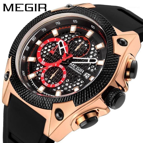 

wristwatches megir mens watches silicone sports watch for men relogio masculino rose gold chronograph wristwatch man clock, Slivery;brown