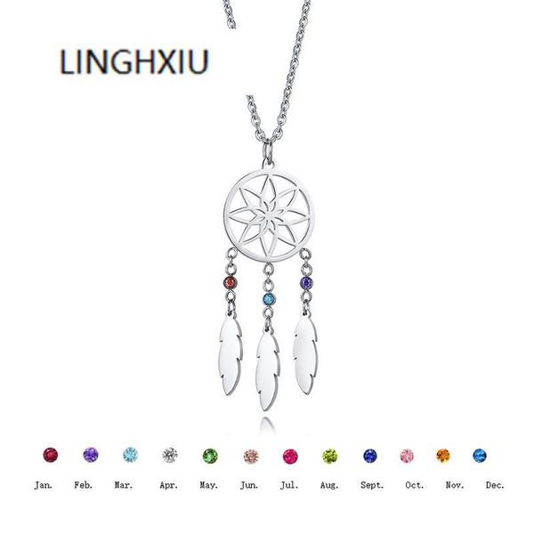 

pendant necklaces charm women birthstone necklace dreamcatcher feather stainless steel jewelry, Silver
