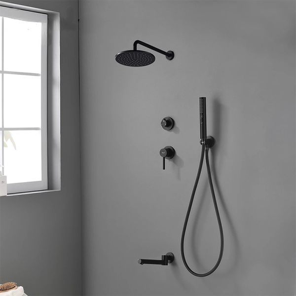 Латунная матовая черная стена встраиваемая установка 3-функция скрытая душевая система 10 дюймов верхний дождь спрей ванной комнаты