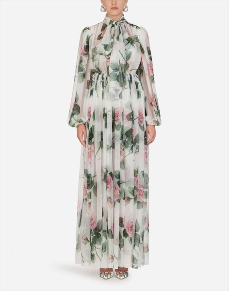 

summer fashion runway boho maxi women dress long sleeve bow neck elastic waist print holiday elegant party, Black;gray