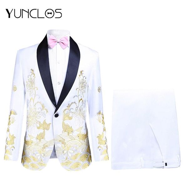 

men's suits & blazers yunclos men 3 pieces one single button wedding and party embroidered dress (jacket + pant+ bow tie) two pockets, White;black