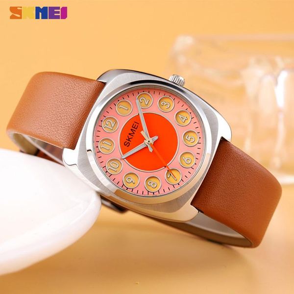 

wristwatches skmei quartz women's watches with arabic numerals dial stainless steel case ladies wristwatch genuine leather montre femme, Slivery;brown