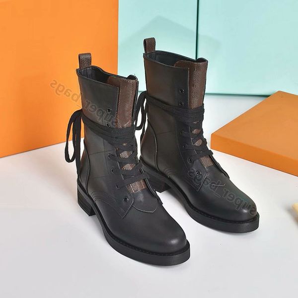 

2021 women metropolis ranger flat boots cowhide monogram canvas martin boot designer dress wedding shoes 3542, Black