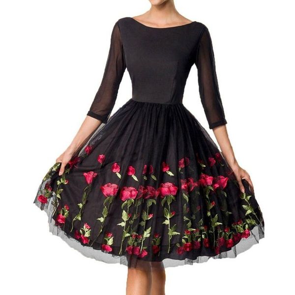 

casual dresses donsignet women dress mesh stitching women's adjustable waist rose embroidery big swing vestido feminino, Black;gray