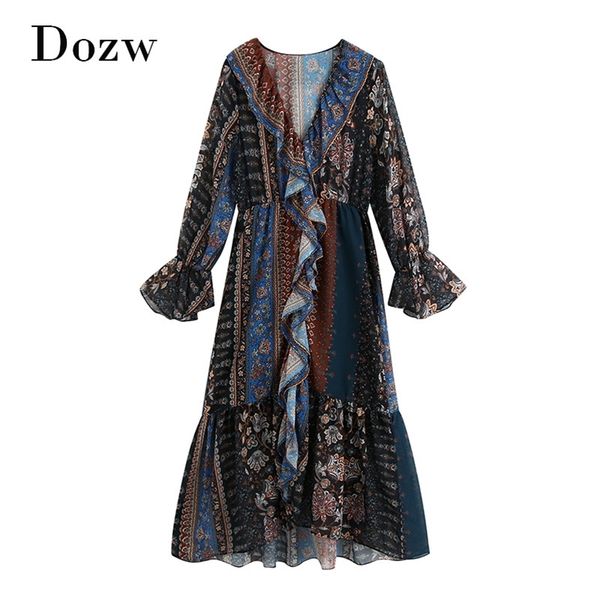 

v neck boho floral dress woman flare long sleeve pleated midi ruffles beach print autumn spring vestido 210515, Black;gray