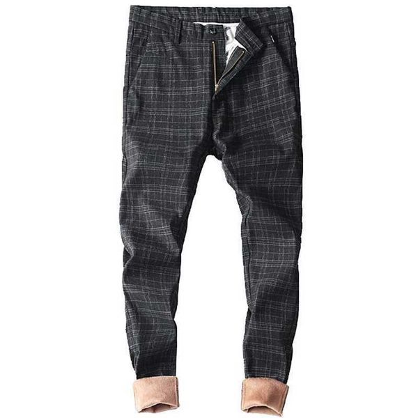 

men's business casual pants checked linen cotton brushed stretch trousers fashion trend straight leg plus fleece slim pants 210531, Black