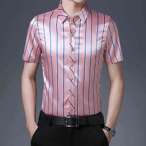 

2021 summer middle-aged stripe casual men's shirt short sleeve, White;black