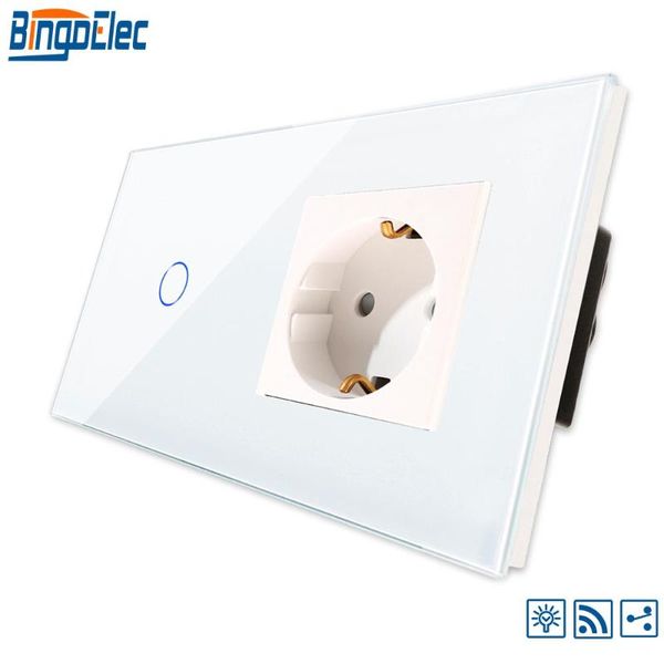 

smart home control bingoelce remote 1 gang 2 way dimmer touch switch with germany socket glass panel wall screen light switchs 220v 86*157mm