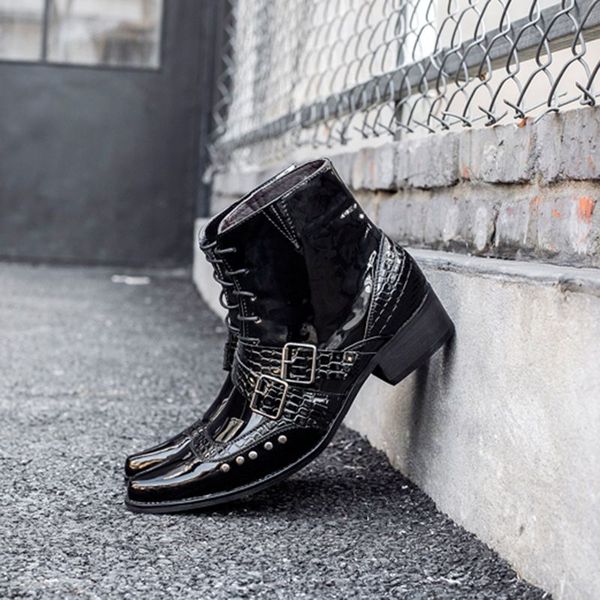 

lace up martin boot ankle double buckle men shoes 2021 new pu leather botines comfortable fashion outdoors spring autumn pointed toe dh700, Black