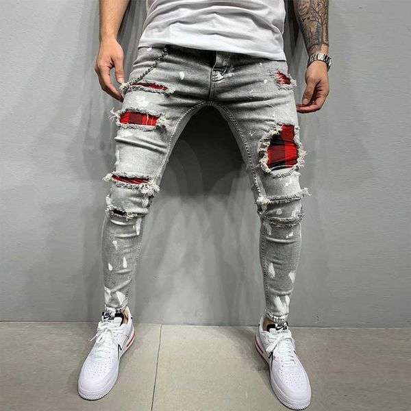 

men's ripped skinny jeans patchwork grid stretch casual denim pencil pants man fashion paint painting jogging trousers male x0621, Blue