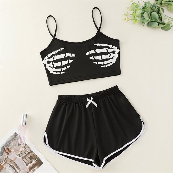 

letter print home suit summer women sleepwear v neck pyjamas spaghetti strap loose pijama satin homewear pyjama skeleton, Black;red