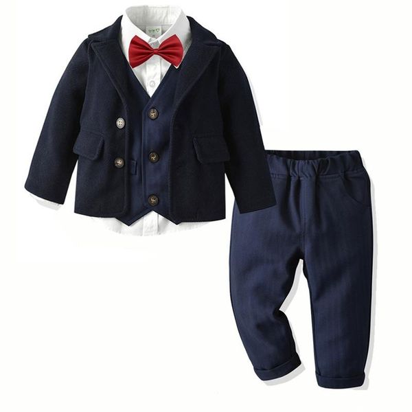 

suits baby boys suit 5 pcs/set jacket coat pants shirt with bow tie children birthday clothes formal costume party dress vest trousers, Black