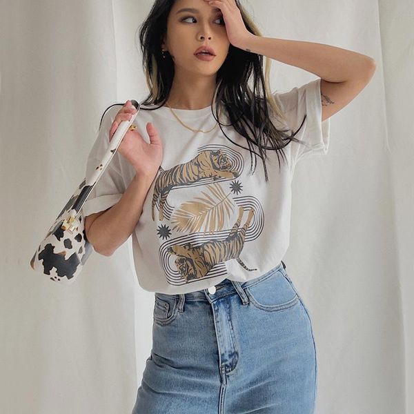 

women's t-shirt women tigers print loose with roll cuff, White