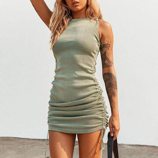 

casual dresses hirigin ribbed mini dress women off shoulder party o neck drawstring knit club tank bodycon short women's summer, Black;gray