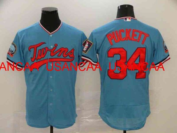 Homens mulheres jovens novas 34 Kirby Puckett Sky Blue Jersey costuraram camisas xs-5xl 6xl