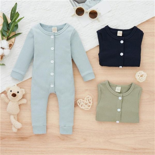 

jumpsuits 0-24m baby boy casual solid rib knitted rompers born infant toddler spring fall cotton long sleeve button closure jumpsuit, Blue
