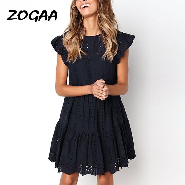 

2021zogaa hollow out ruched a-line mini dress woman ruffles sleeve beach dress woman basic o-neck dresses summer sukienka vestidos, Black;gray