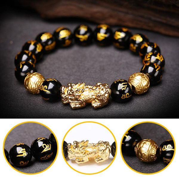 

link, chain bronze sand gold brave bracelets imitation natural obsidian bracelet 6-character for men and women ll@17, Black