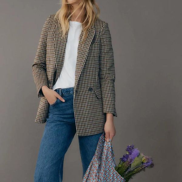 

autumn women retro british style temperament casual commuter double-breasted female plaid suit women's suits & blazers, White;black