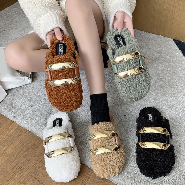 

slippers female shoes home women's slides fashion flock low cover toe fur flip flops rivet 2021 massage luxury soft flat plush r, Black