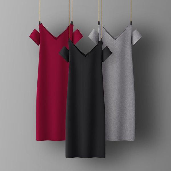 

casual dresses woman cotton soft dress half sleeve o-neck elastic lady office, Black;gray
