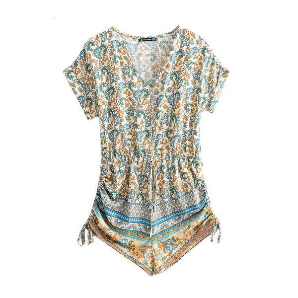 

women's & women floral print playsuit summer v-neck botton bohemian beach holiday jumpsuits rompers lace-up waist side ruched, Black;white