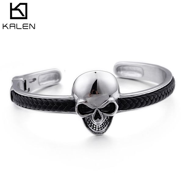 

bangles bracelet jewelry stainless steel skull handpiece personalized punk woven leather men's, Black